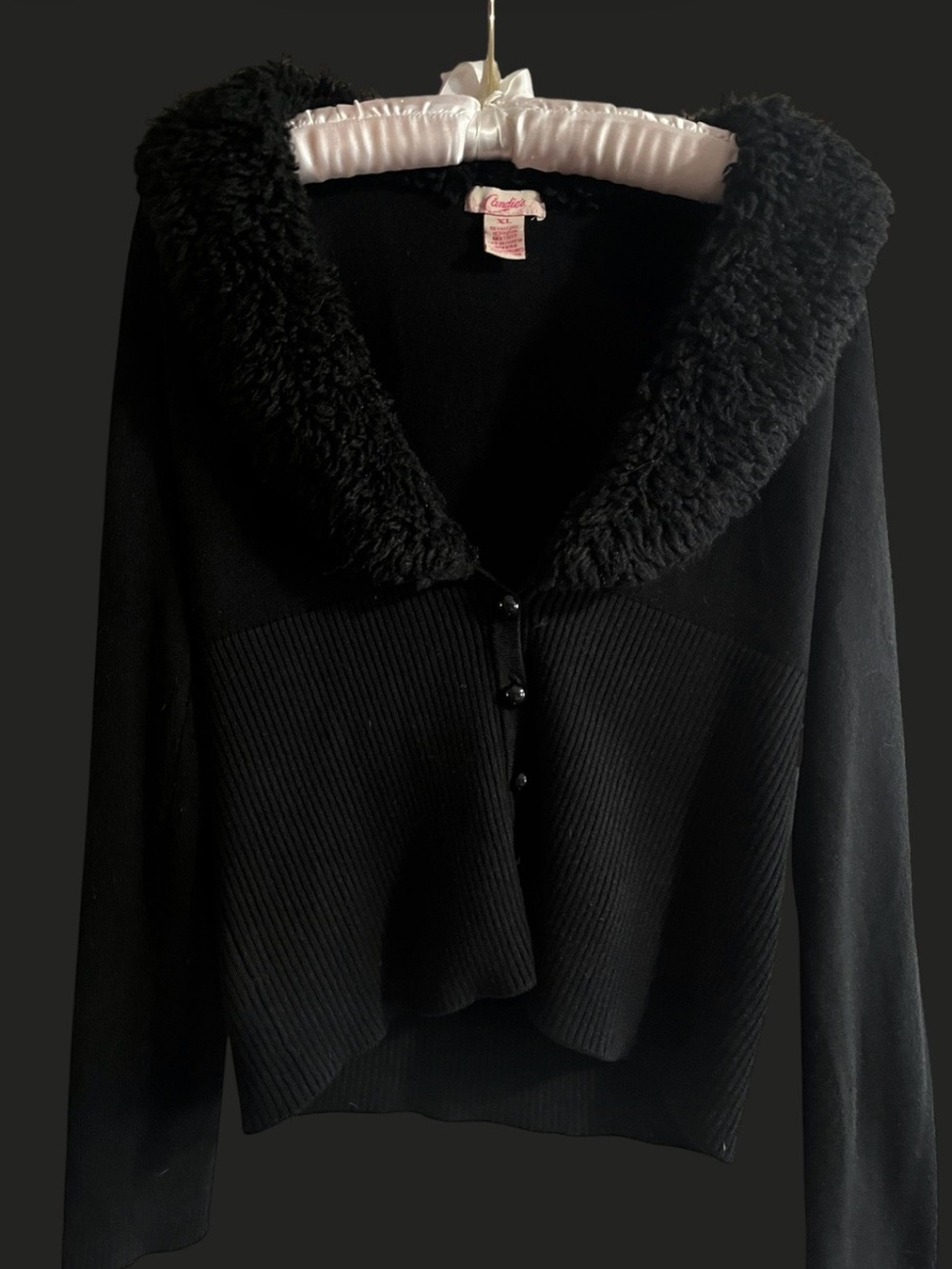 90’s Candies - Black Faux-Fur Collar Women's Sweater Cardigan